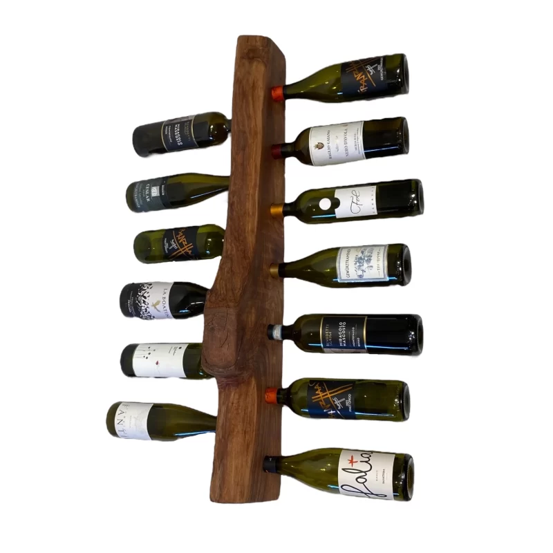 Porta bottiglie in legno artigianale da parete con bordo irregolare per 13 bottiglie di vino