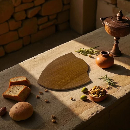Tagliere a forma di scudo romano, in legno massello di quercia, ideale per rievocazioni storiche, feste a tema e banchetti.