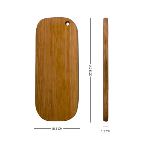 Tagliere artigianale forma rettangolare con angoli arrotondati, bordi irregolari, in legno massello di quercia, con foro per appenderlo.