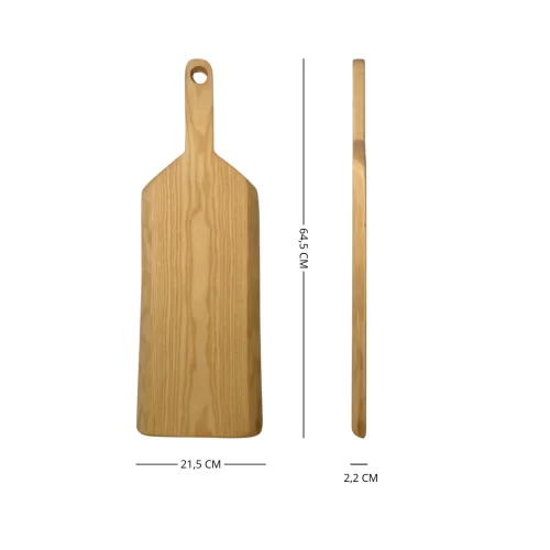 Tagliere artigianale forma irregolare con manico in legno massello di frassino, lungo e stretto con foro sul manico per appenderlo.