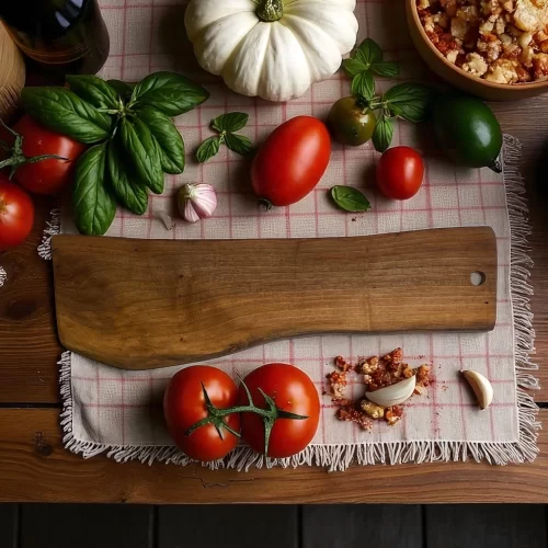 Tagliere artigianale forma irregolare in legno massello di noce nazionale, lungo e stretto con foro per appenderlo.