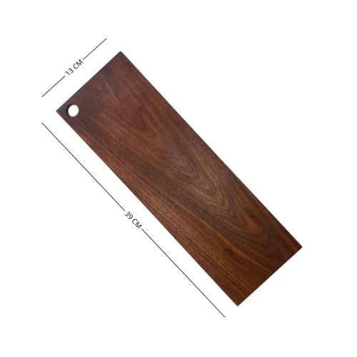 Tagliere artigianale rettangolare in legno massello di palissandro, lungo e stretto con foro per appenderlo.