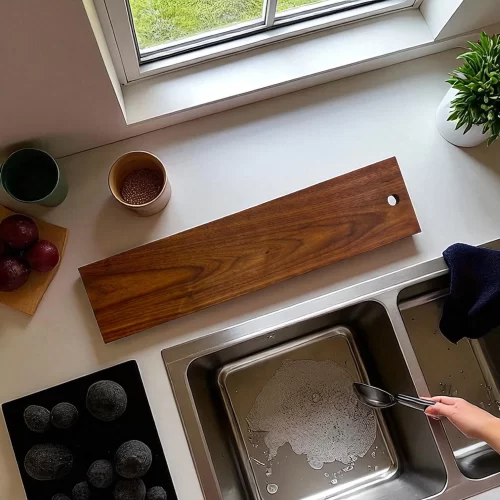 Tagliere artigianale rettangolare in legno massello di palissandro, lungo e stretto con foro per appenderlo.