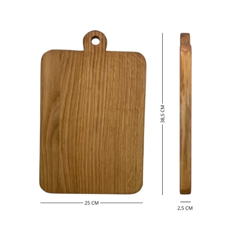 Rectangular cutting board in solid wood, handcrafted with a hanging hole, ideal for serving and cutting food in the kitchen.