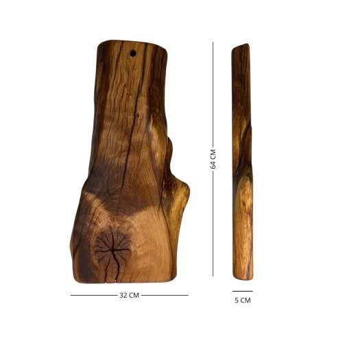 Irregular handcrafted solid wood cutting board with hanging hole, ideal for serving and cutting food in the kitchen.