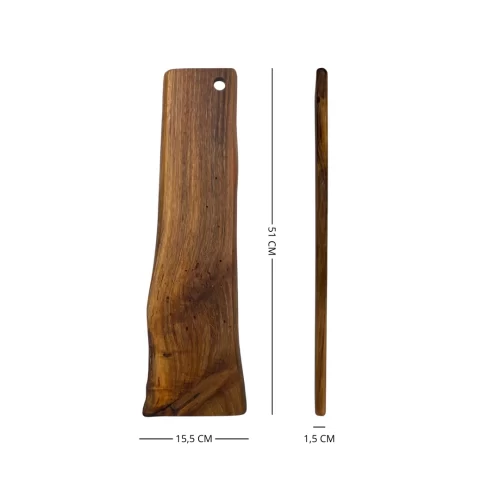 Irregular, narrow and long solid wood cutting board with a hanging hole, ideal for serving and cutting food in the kitchen.