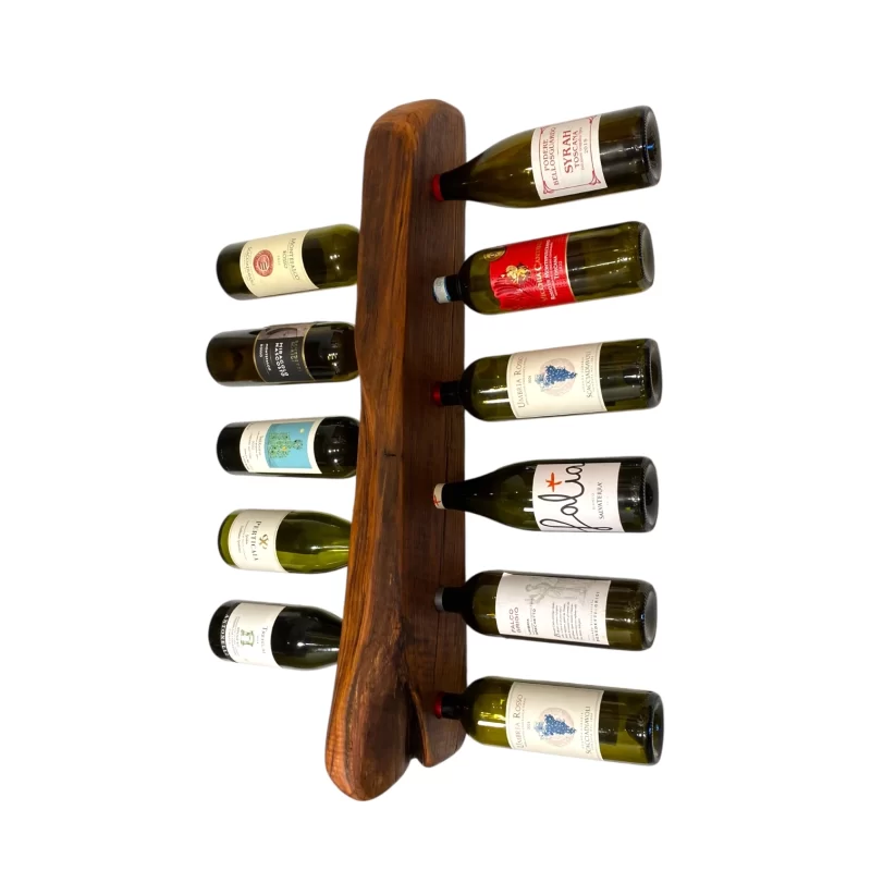 Handcrafted wooden wall-mounted bottle holder with irregular edge for 11 bottles of wine
