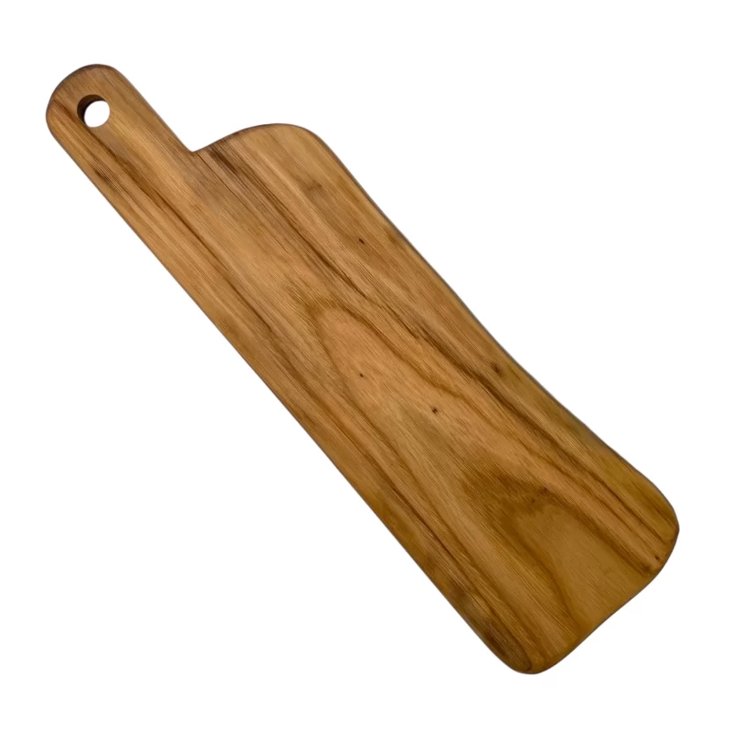 Handcrafted, narrow, rectangular cutting board made of solid, hand-sanded wood with a hanging hole, ideal for serving appetizers and cutting food.