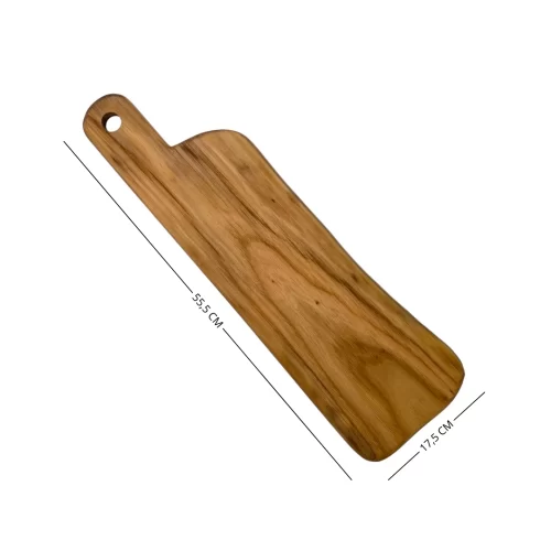 Handcrafted, narrow, rectangular cutting board made of solid, hand-sanded wood with a hanging hole, ideal for serving appetizers and cutting food.