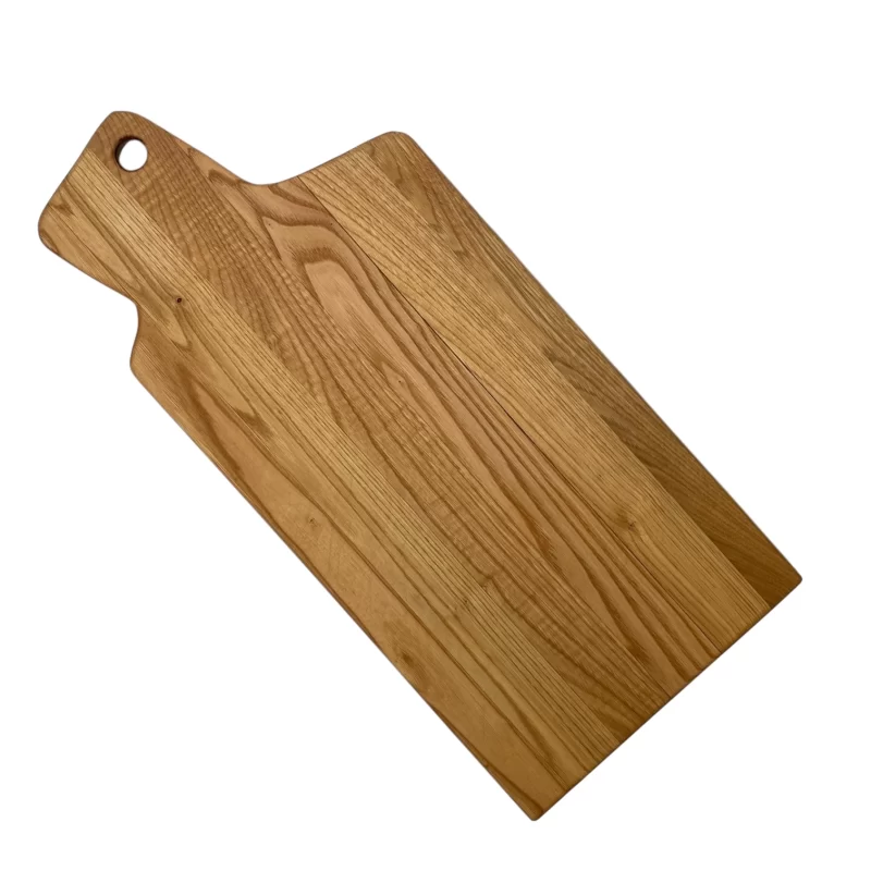 Handcrafted rectangular cutting board with hand-sanded solid wood handle and hanging hole, ideal for serving appetizers and cutting food.