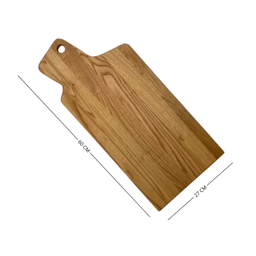 Handcrafted rectangular cutting board with hand-sanded solid wood handle and hanging hole, ideal for serving appetizers and cutting food.