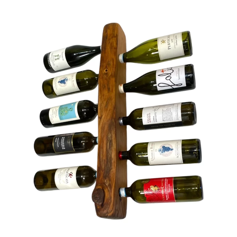 Handcrafted wooden wall-mounted bottle holder with irregular edge for 10 bottles of wine
