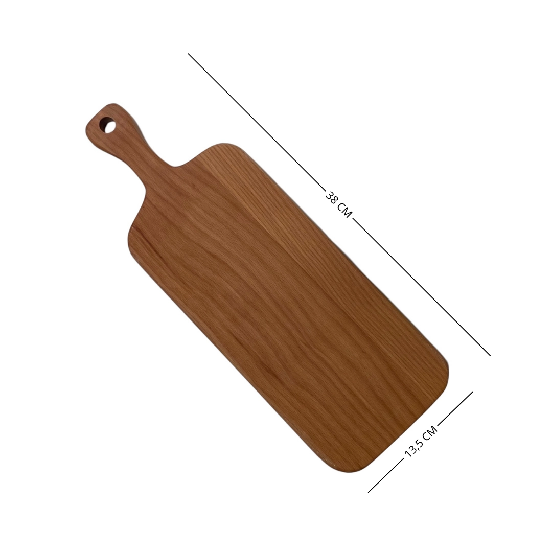 Tagliere artigianale in legno massello di faggio con manico, finitura naturale e design elegante