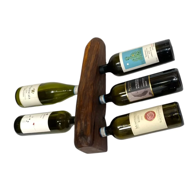 Handcrafted wooden wall-mounted bottle holder with irregular edge for 5 bottles of wine