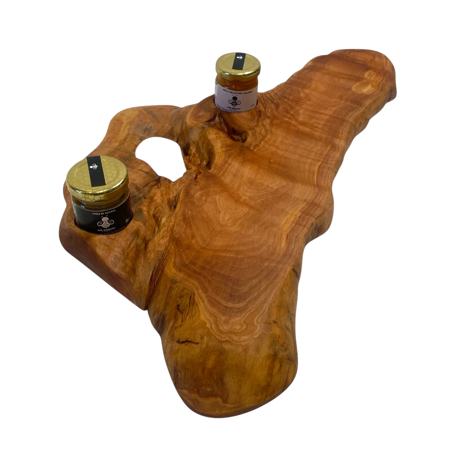 Tagliere artigianale in legno di ulivo con due barattoli di miele dell’Umbria su vassoio naturale