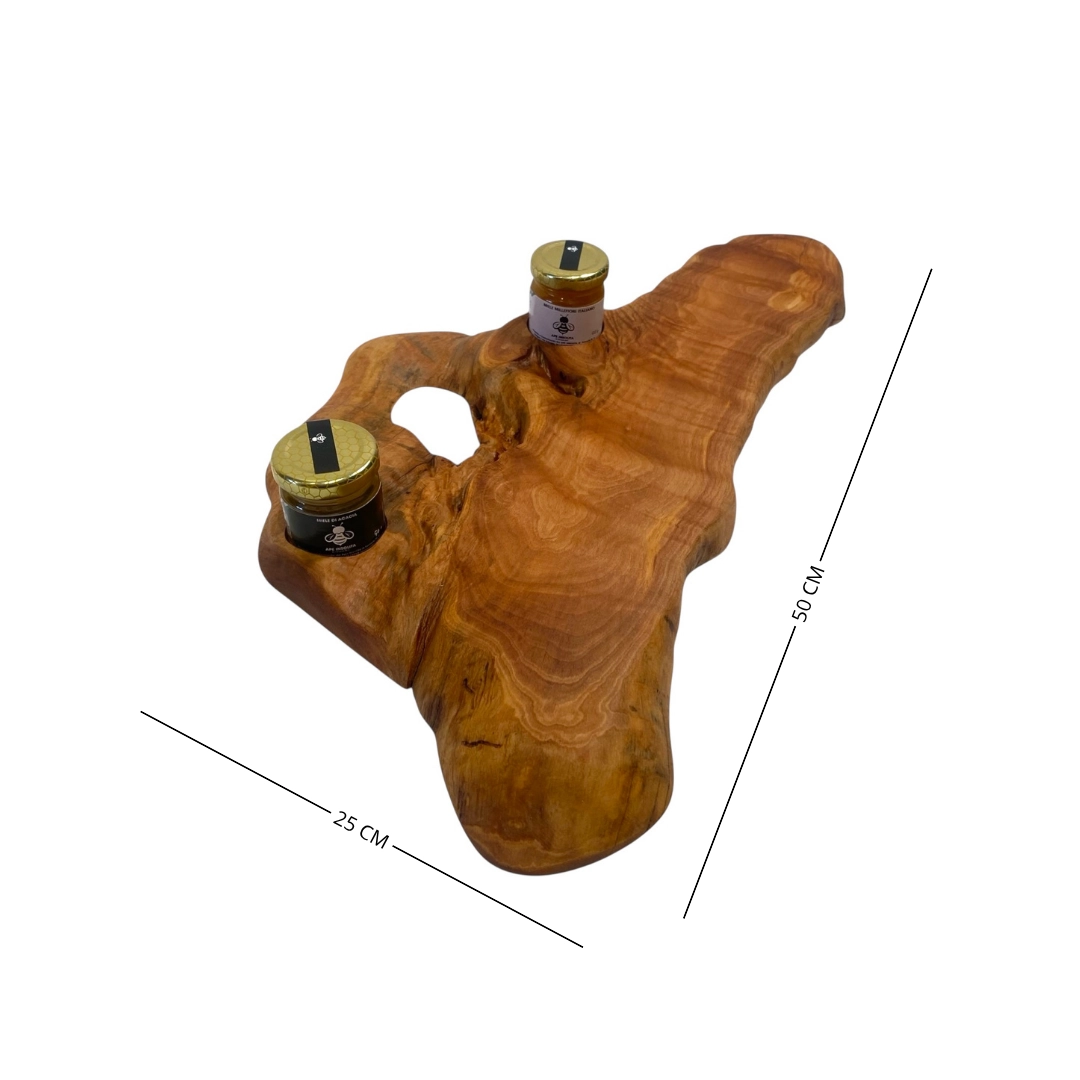 Tagliere artigianale in legno di ulivo con due barattoli di miele dell’Umbria su vassoio naturale