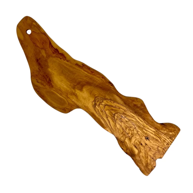 Tagliere artigianale in legno massello di ulivo con forma irregolare naturale e venature calde