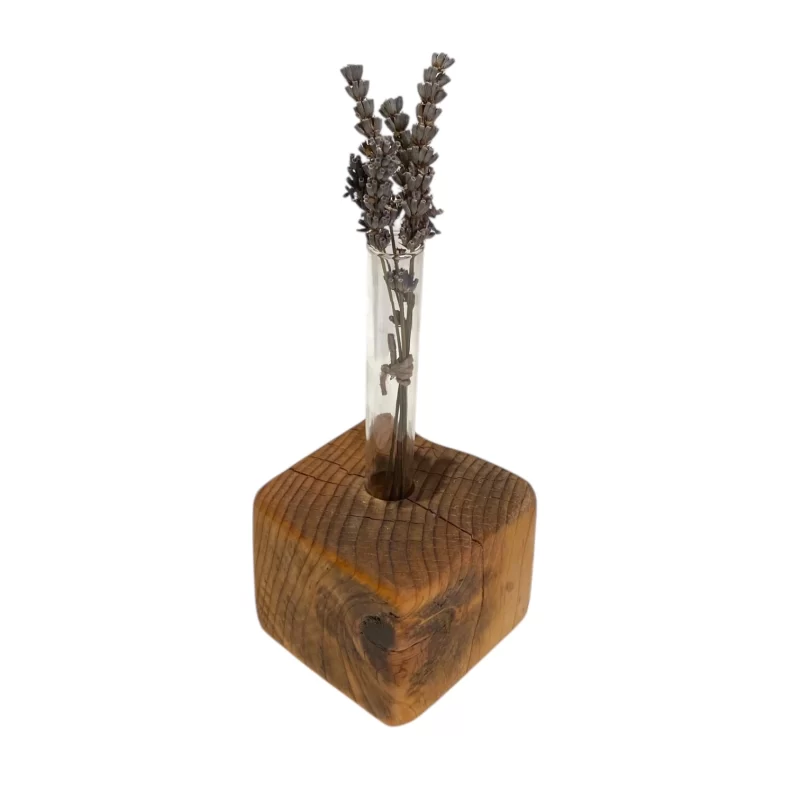 Porta fiore e profumatore d’ambiente in legno naturale con ampolla in vetro e forma irregolare artigianale