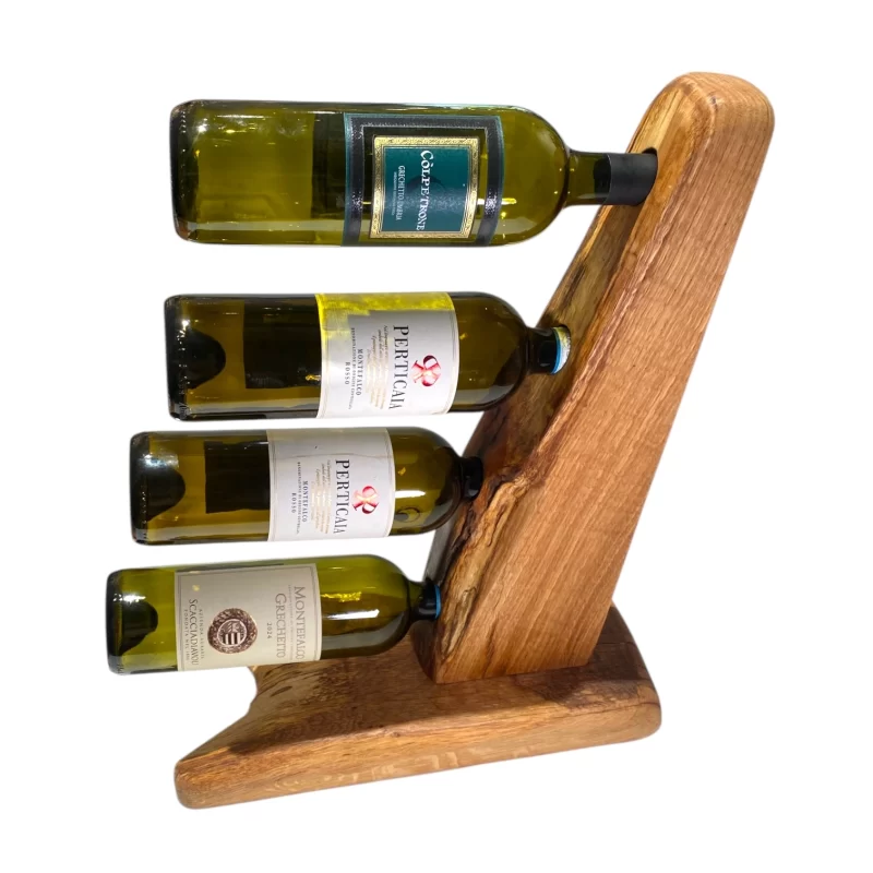 Porta bottiglie artigianale in legno massello per 4 bottiglie di vino con forma irregolare naturale