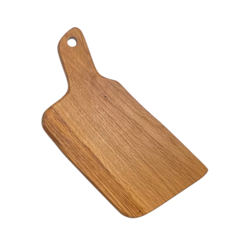 Tagliere artigianale in legno massello di quercia con manico, finitura naturale e venature eleganti