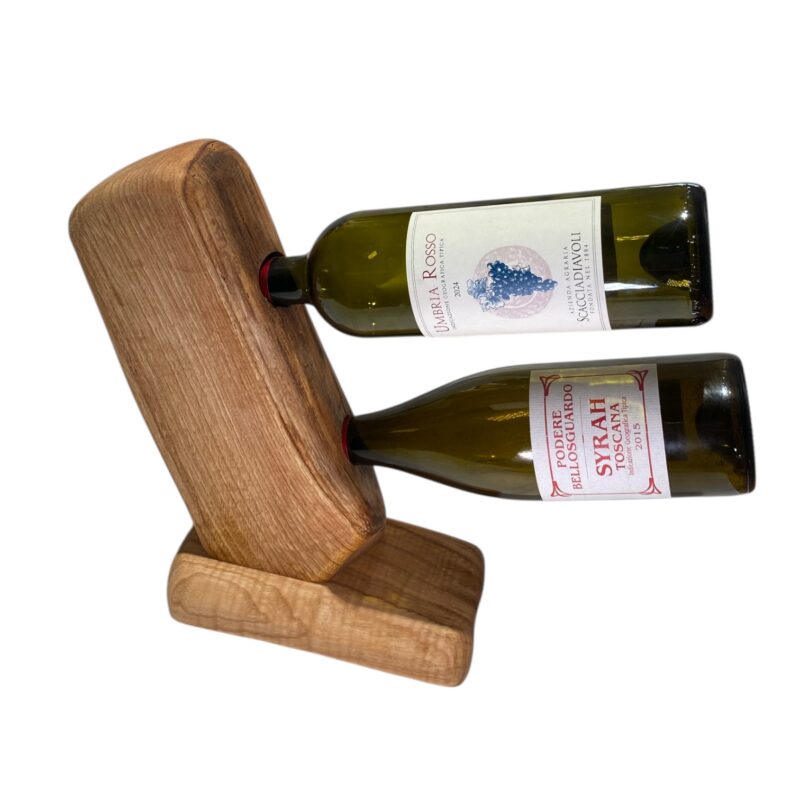Porta bottiglie artigianale in legno massello per 2 bottiglie di vino con forma irregolare naturale
