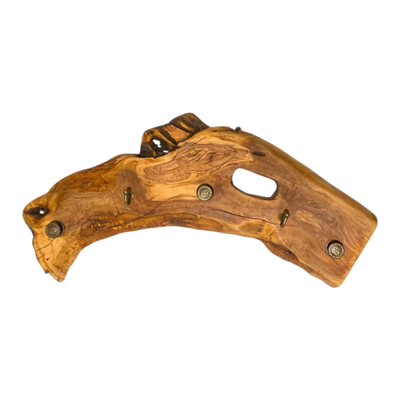 Appendiabiti artigianale forma irregolare in legno massello di ulivo con venature naturali e ganci in metallo