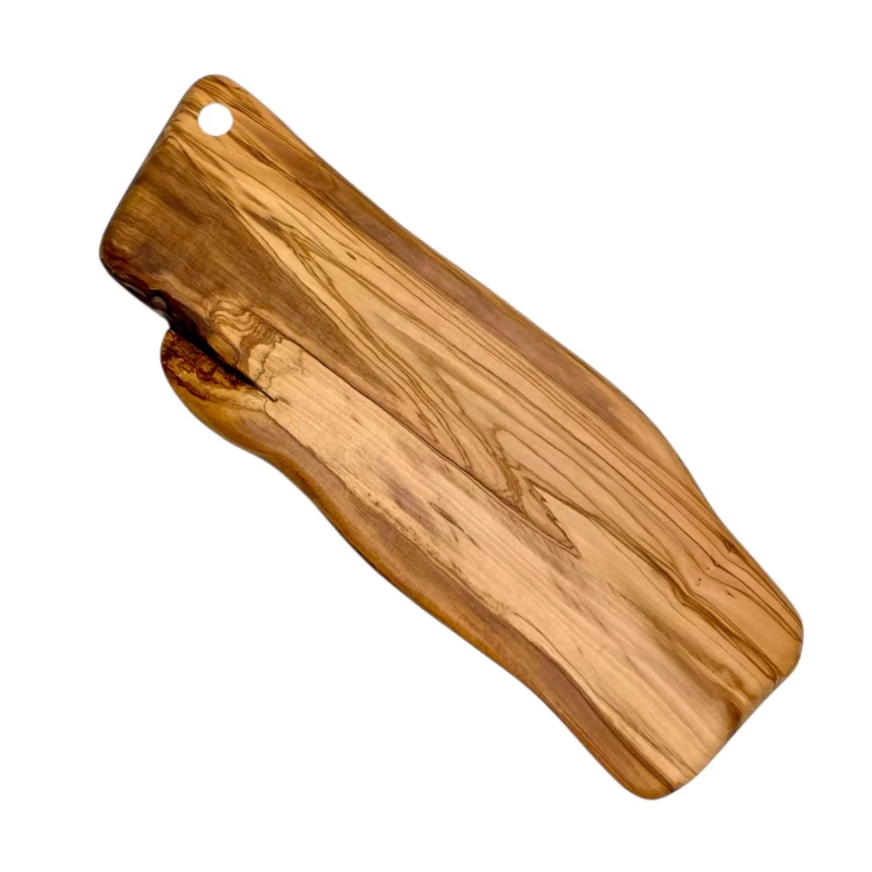 Tagliere grande in legno massello di ulivo dalla forma irregolare con foro per appendere.