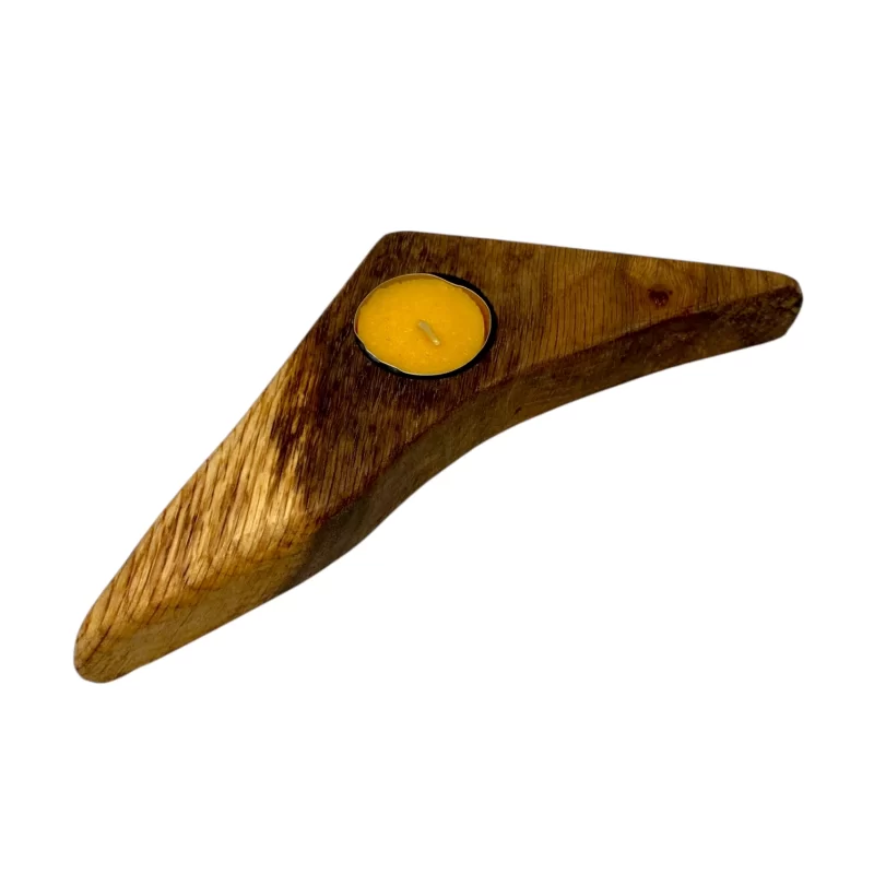 Porta candela in legno massello di quercia con candela, adatto anche per citronella da esterno.