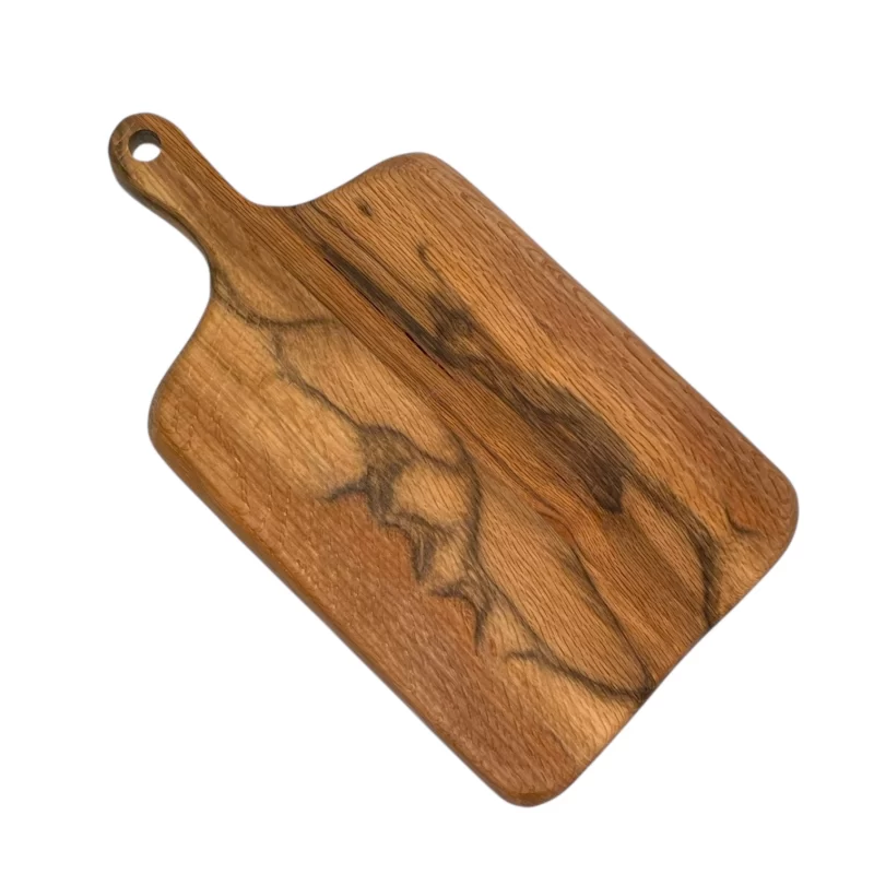 Tagliere artigianale in legno massello di quercia con manico, finitura naturale e venature eleganti
