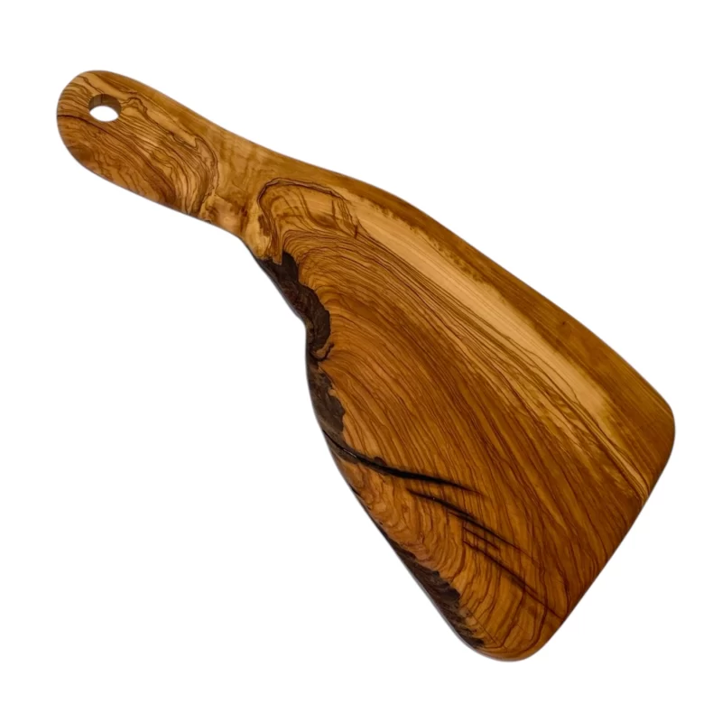 Tagliere piccolo in legno massello di ulivo dalla forma irregolare con foro per appendere.