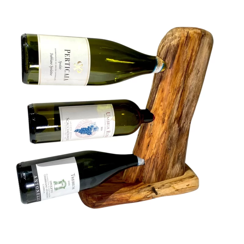 Porta bottiglie artigianale in legno massello per 3 bottiglie di vino con forma irregolare naturale