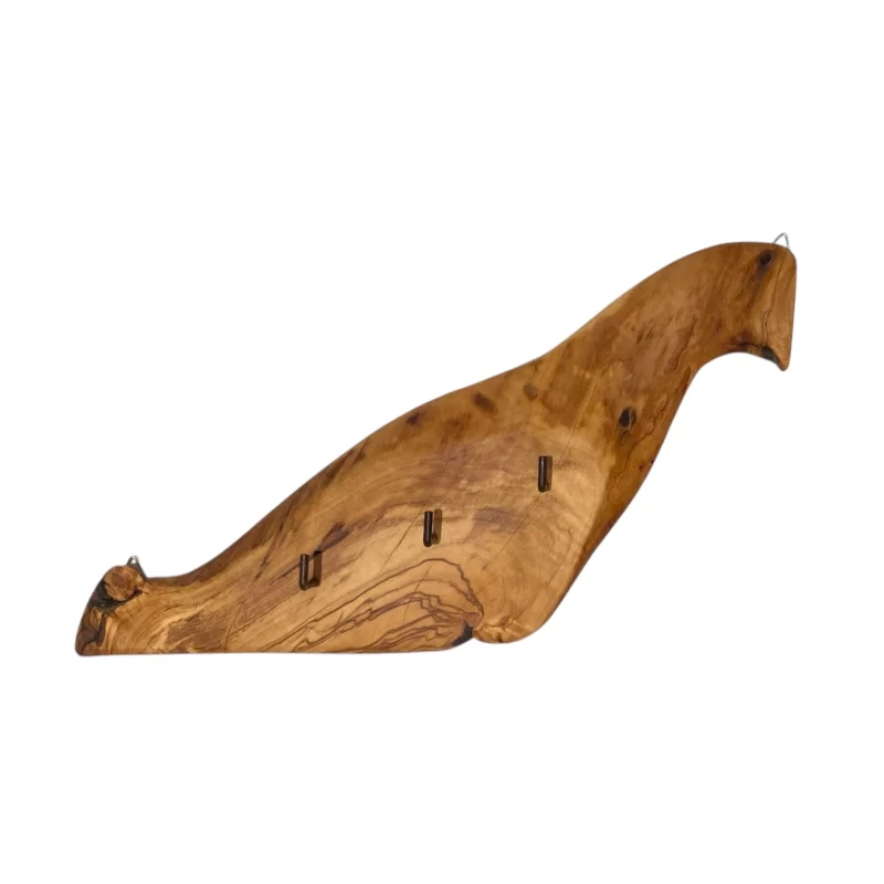 Appendi chiavi da parete in legno massello di ulivo a forma di uccello con ganci in metallo.