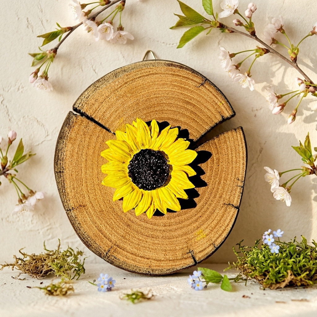 BLACK HOLE SUN - QUADRO PICCOLO DA PARETE IN CASTAGNO ANTICO CON GIRASOLE IN GESSO CERAMICO - PEZZO UNICO