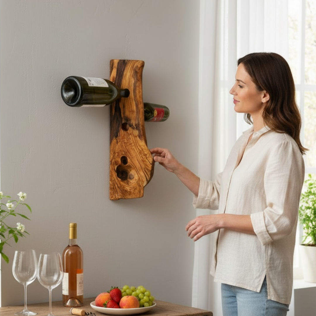 RIVERBERO NOTTURNO - CANTINA DA PARETE IN LEGNO ANTICO DI ULIVO (6 BOTTIGLIE) - PEZZO UNICO - immagine 4