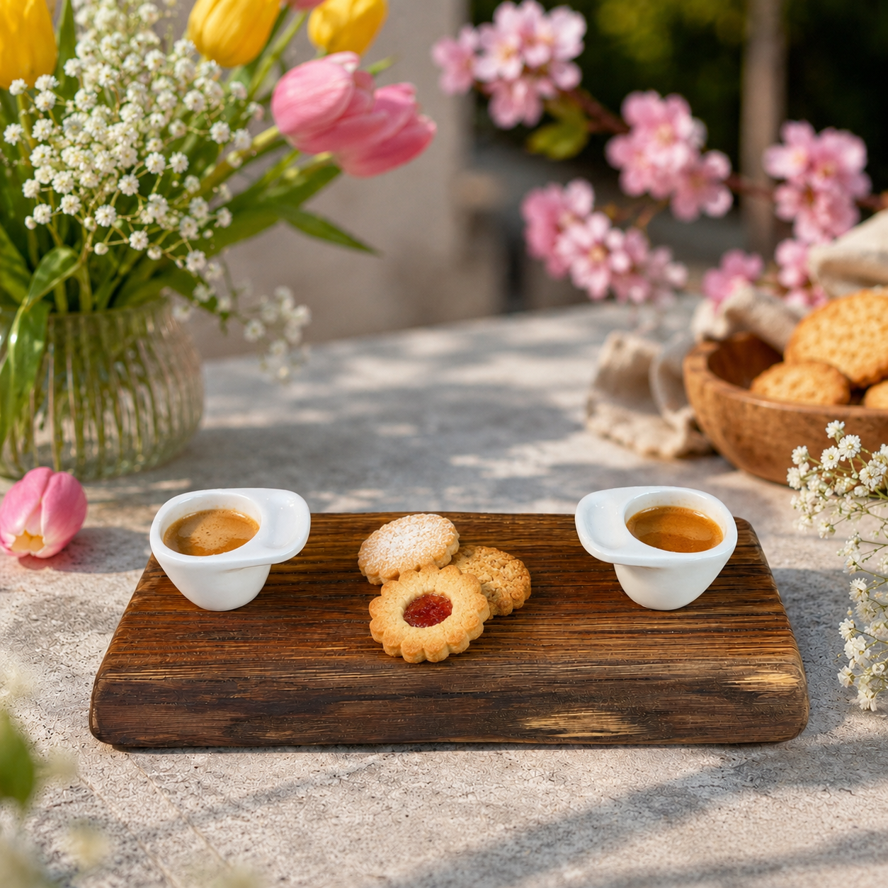 KICKSTART MY HEART - VASSOIO COLAZIONE MONOLITICO IN LEGNO DI CASTAGNO ANTICO CON 2 TAZZINE - PEZZO UNICO