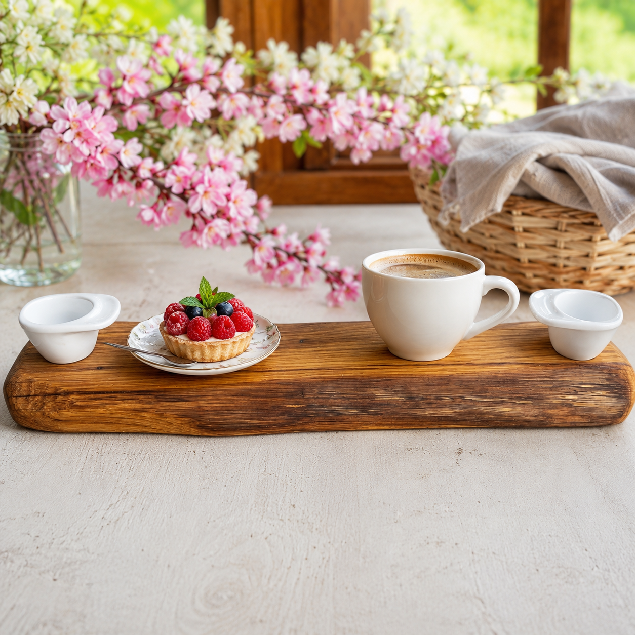 WAKE UP - VASSOIO COLAZIONE CON DUE TAZZINE IN LEGNO DI QUERCIA ANTICA - PEZZO UNICO